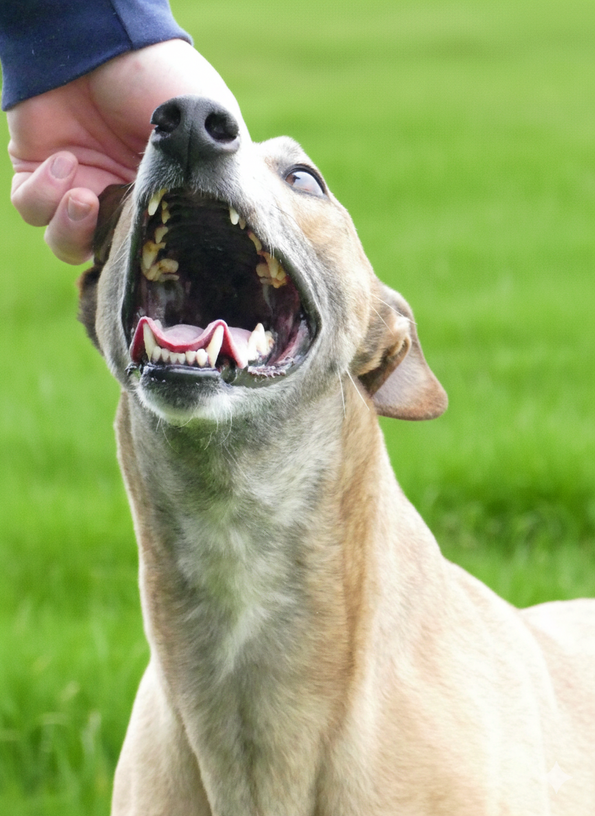 Close-up of a tan dog with its mouth open, showing sharp teeth, as a person in a blue sleeve pets the dog. The background is green grass.