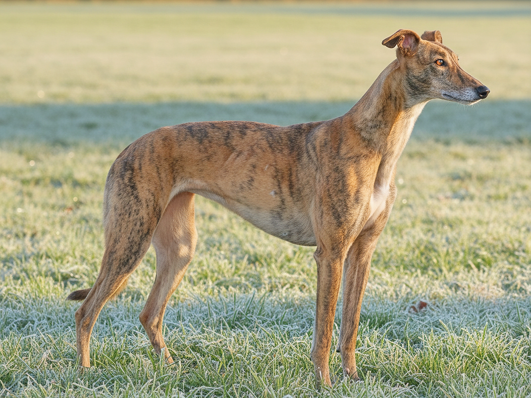 A slim, brown dog with darker stripes standing on frosty grass in a field.