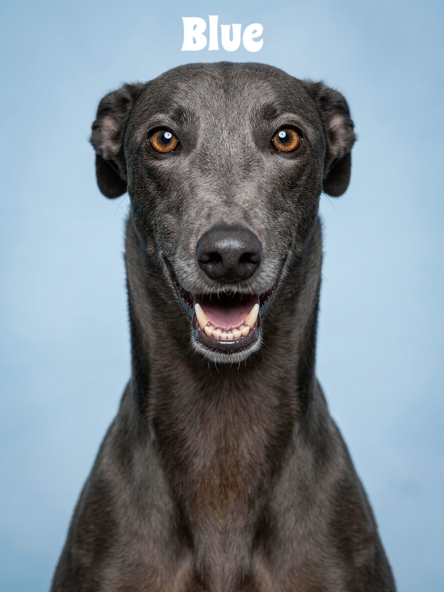Close-up of a happy gray dog with amber eyes, showing its teeth, against a light blue background with the word 'Blue' written above its head.