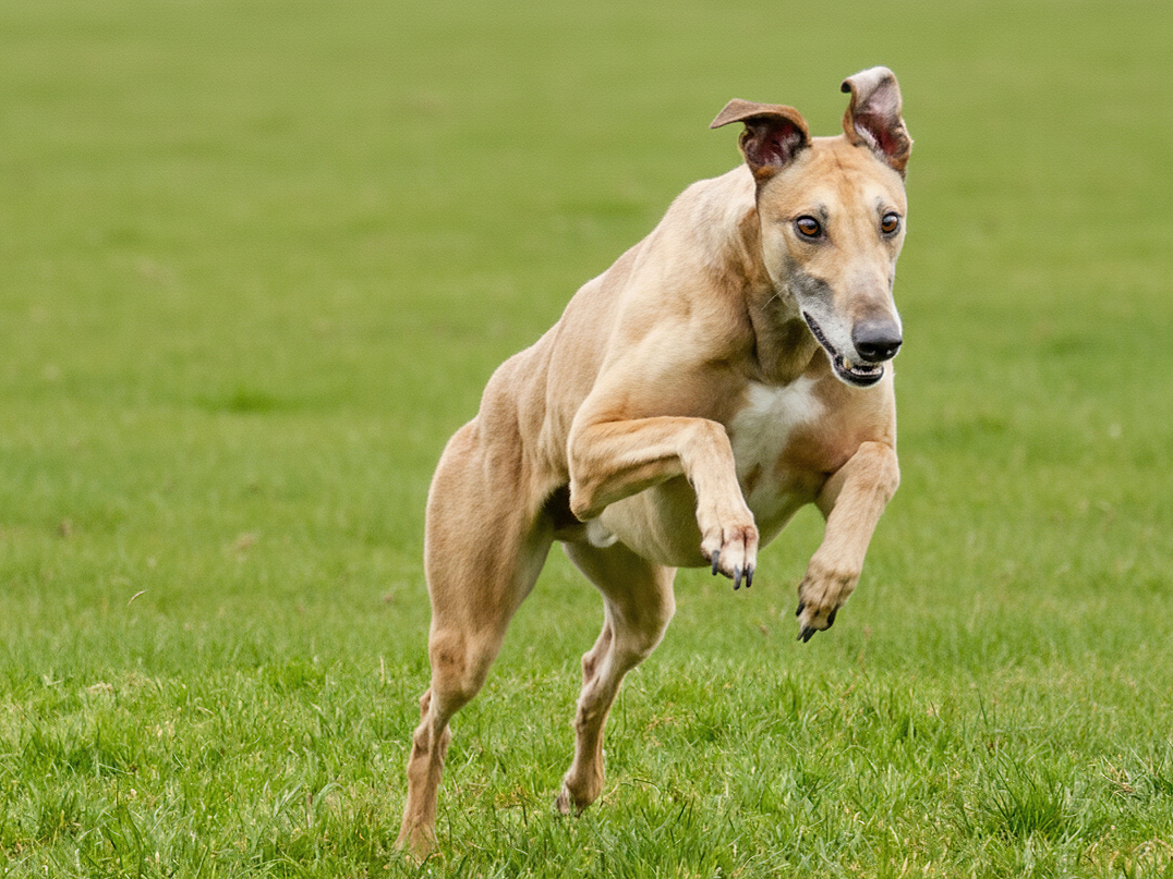 A dog running on a grassy field.