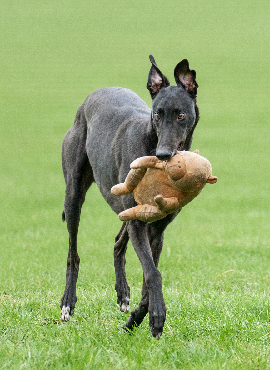 A black dog, possibly a greyhound, running across a grassy field with a stuffed animal in its mouth.