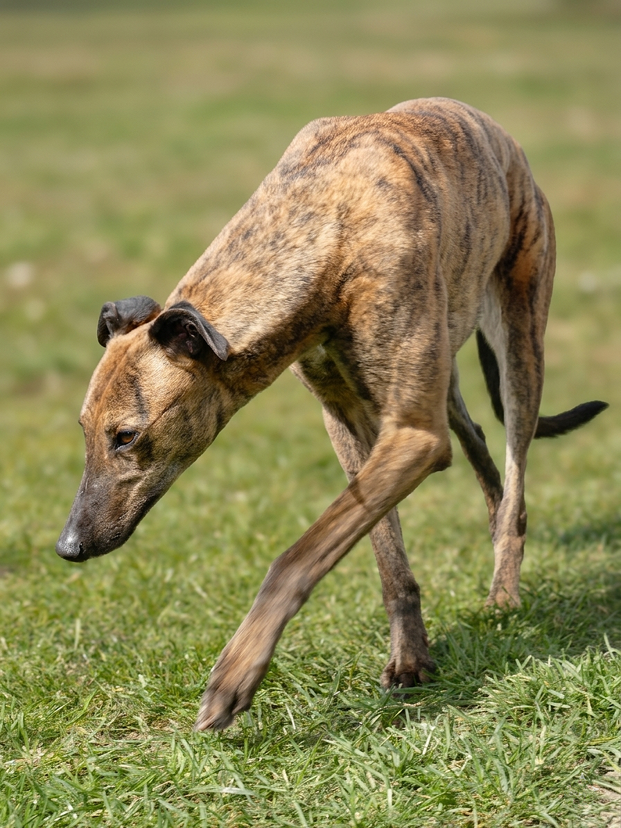 A brindle-colored greyhound dog standing on grass, with one front paw raised and its head lowered, looking at the ground.