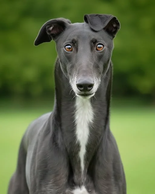 A black and white dog with a long, slender face, sitting outdoors with a green blurred background.