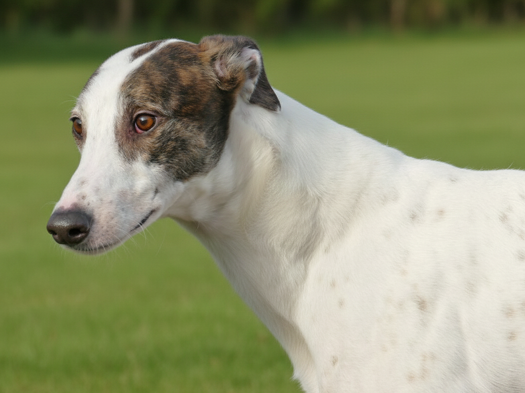 a white dog with brown and black markings on its face, looking to the left, outside in a grassy area