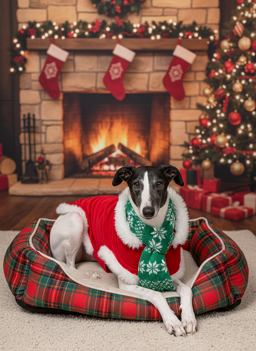 A black and white dog wearing a red Christmas vest and a green Christmas scarf with snowflake patterns, sitting in a plaid dog bed in front of a decorated fireplace and Christmas tree.