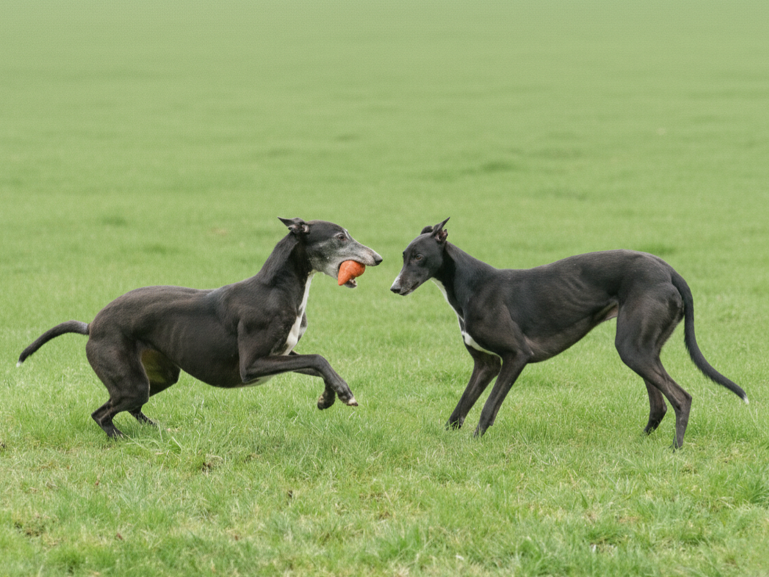 Two greyhounds playing fetch on a grassy field, one dog holding a toy in its mouth.