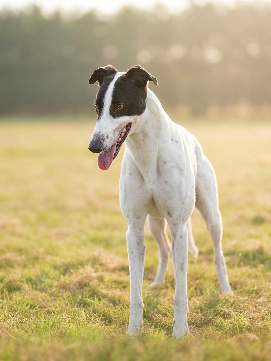 A white dog with black markings on its head and ears, standing on grass in an outdoor field, with sunlight in the background.