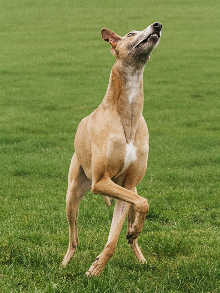 A dog standing on its hind legs on a grassy field, with its head tilted upwards and eyes closed.