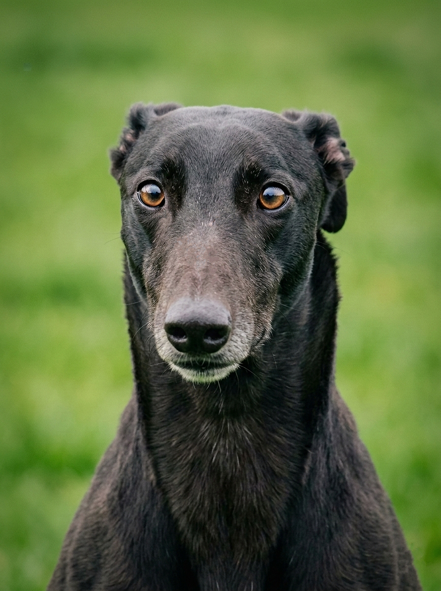 Close-up of a black dog with amber eyes, looking directly at the camera, outdoors on a grassy background.