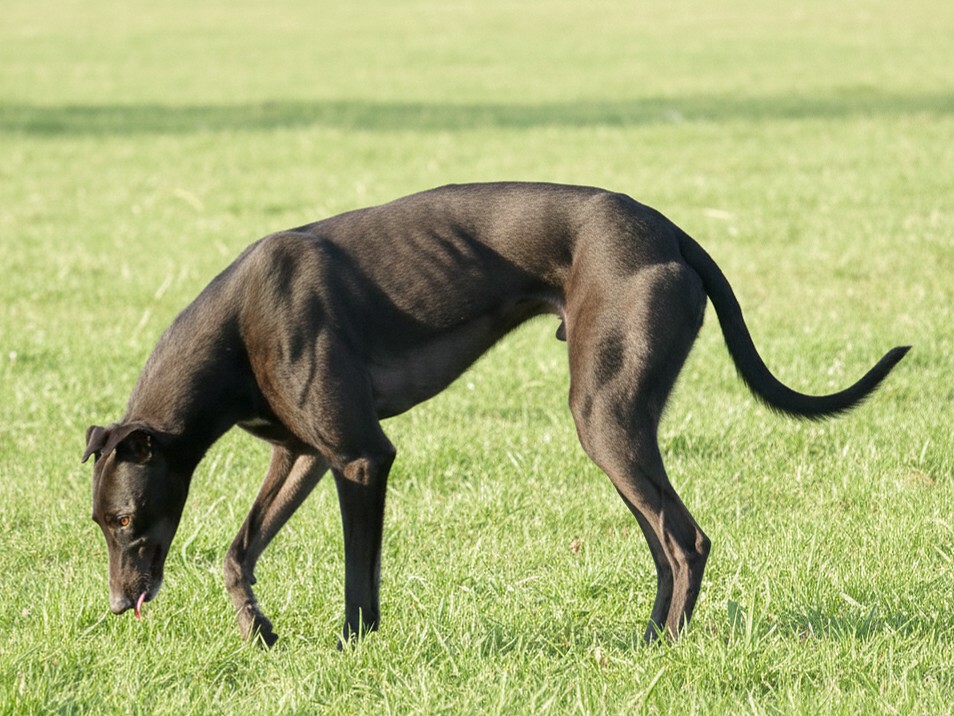 Black dog with a slender build sniffing grass in a grassy field.