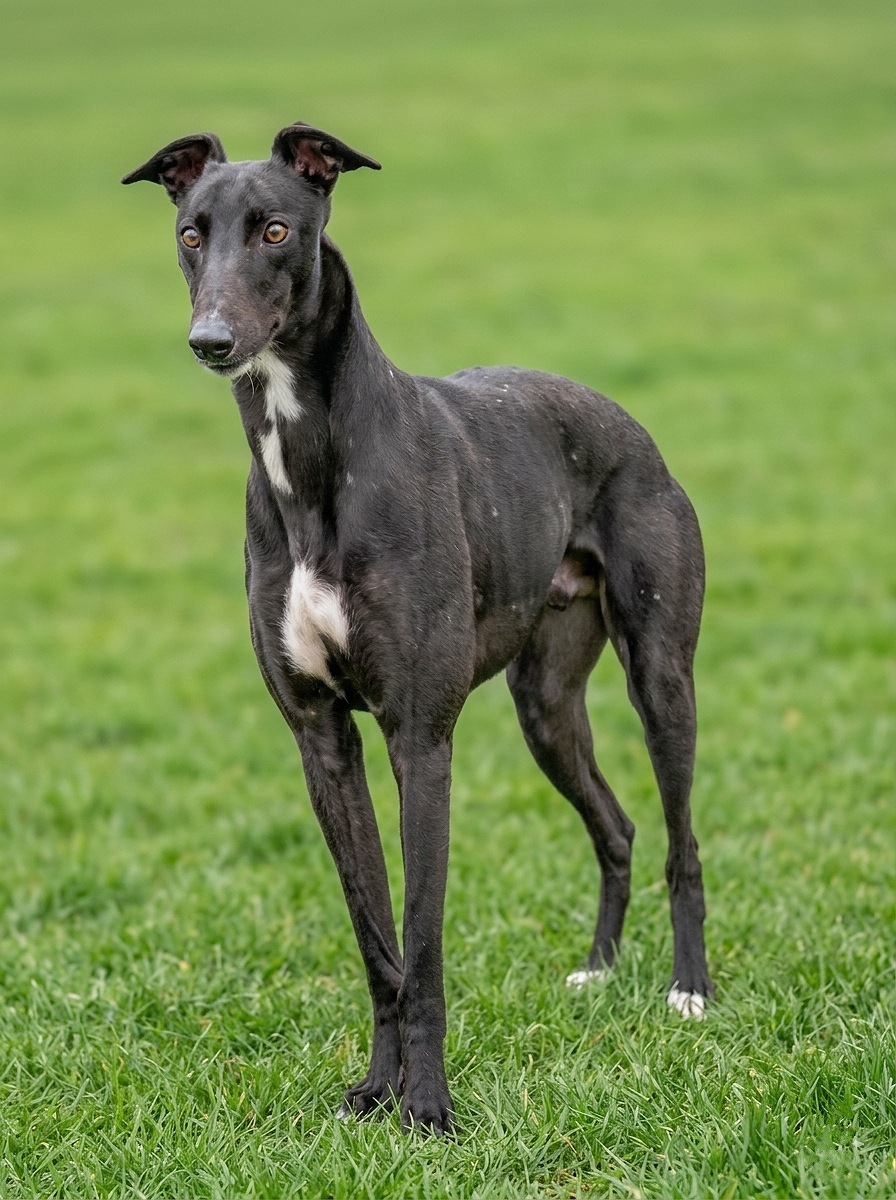 A black greyhound dog with white markings on its chest standing on green grass.