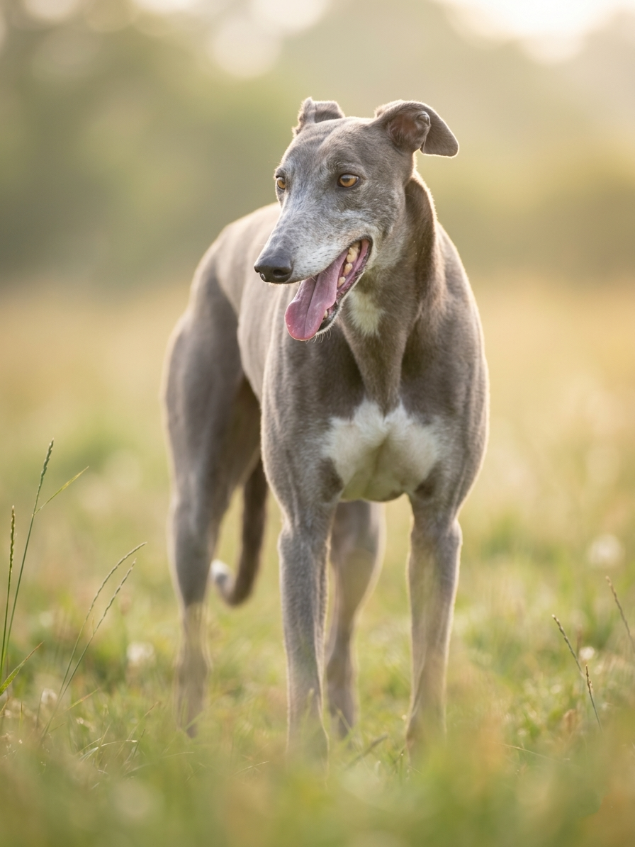 A gray and white Whippet dog standing in a grassy field with a blurred green background, panting with tongue out, during golden hour.