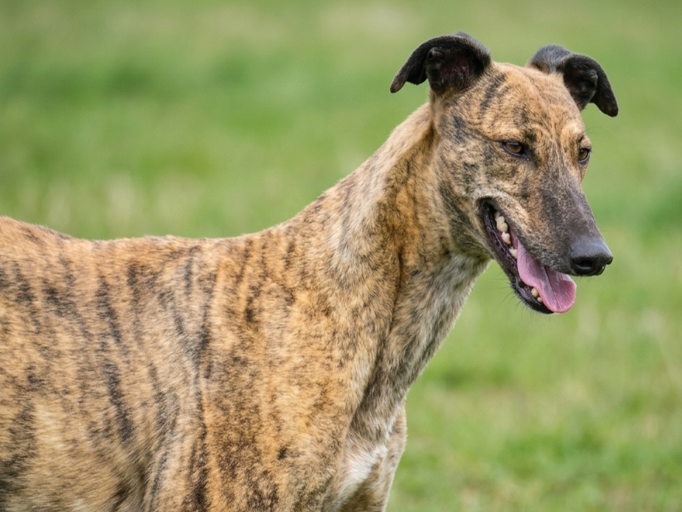 A brindle-colored greyhound dog standing on grass with its tongue out.