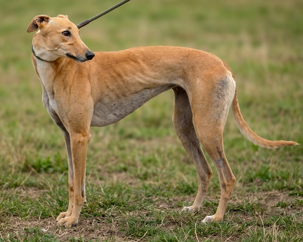 A tan-colored dog with a slender build standing on grass with a leash attached to its collar.