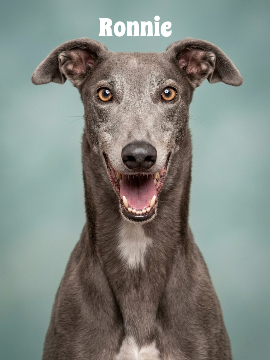 A happy gray dog with amber eyes and large ears, smiling with its mouth open, against a light blue background. The name 'Ronnie' is written above its head.