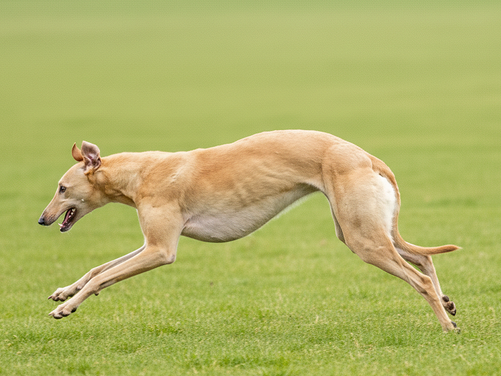 A tan-colored dog running across a grassy field with an open mouth and ears flapping.