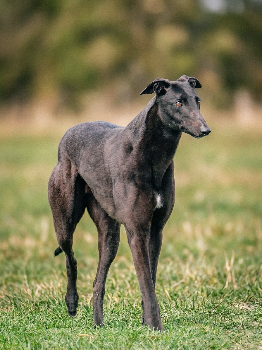 A black Greyhound dog standing on grass in a park with a blurred background of trees.