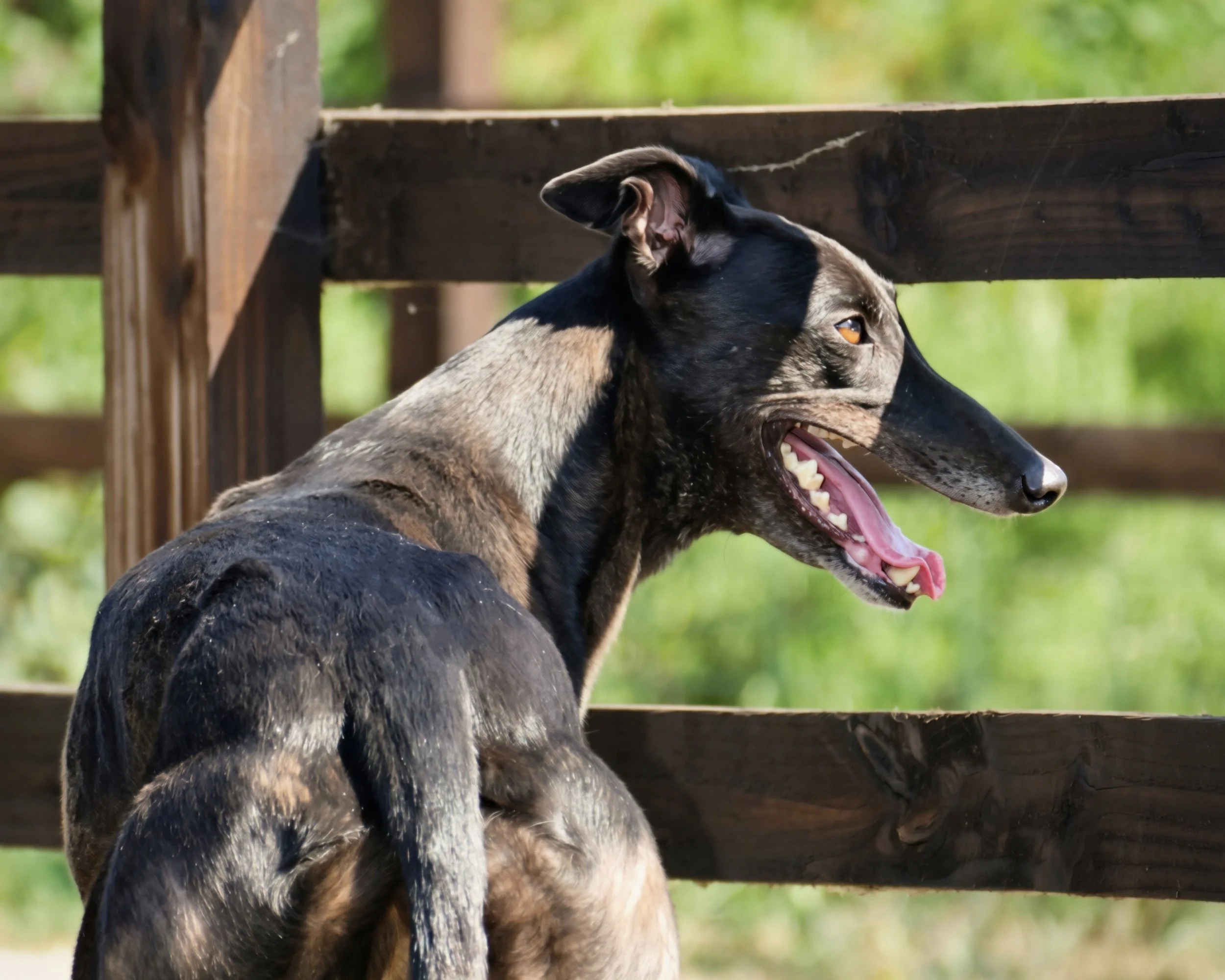 A young dog with black, tan, and gray fur, sitting outdoors near a wooden fence with greenery in the background.