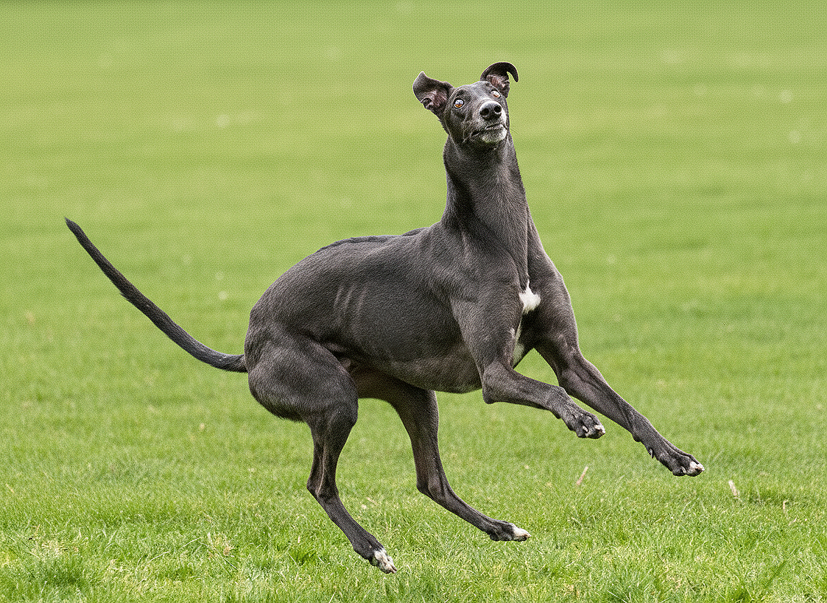 A black dog with a white patch on its chest jumping on a grassy field.
