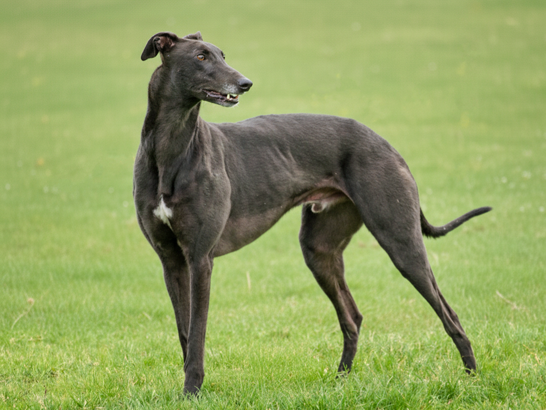 A black Greyhound dog standing on a grassy field with a blurred green background.