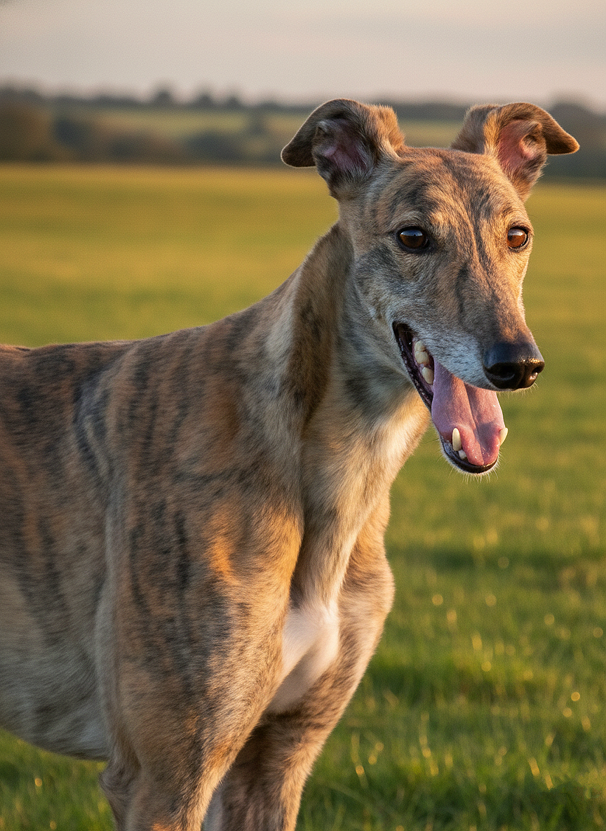 A happy, tan and gray brindle greyhound standing in a grassy field during sunset.