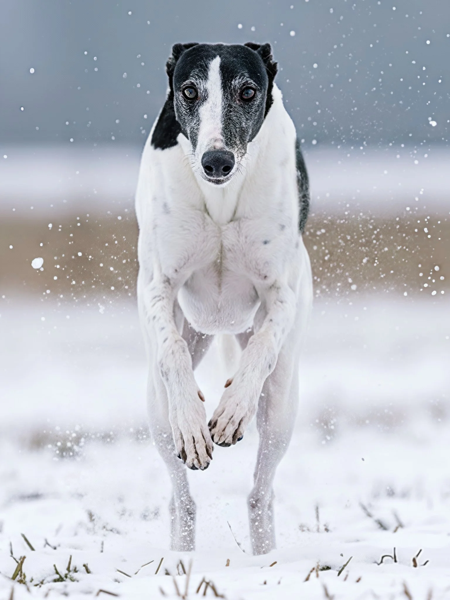 A black and white dog running through snow with snowflakes falling around.