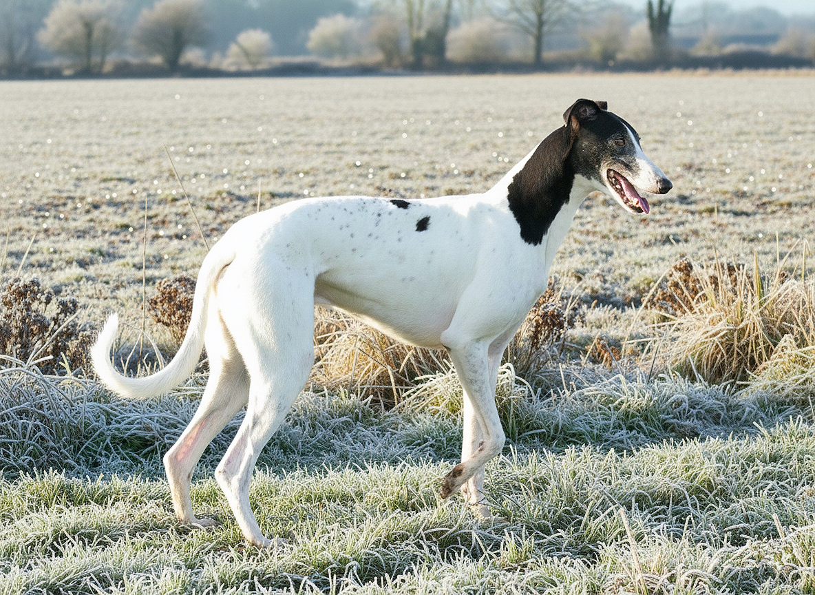 A white and black dog standing in a frosty field with trees in the background.