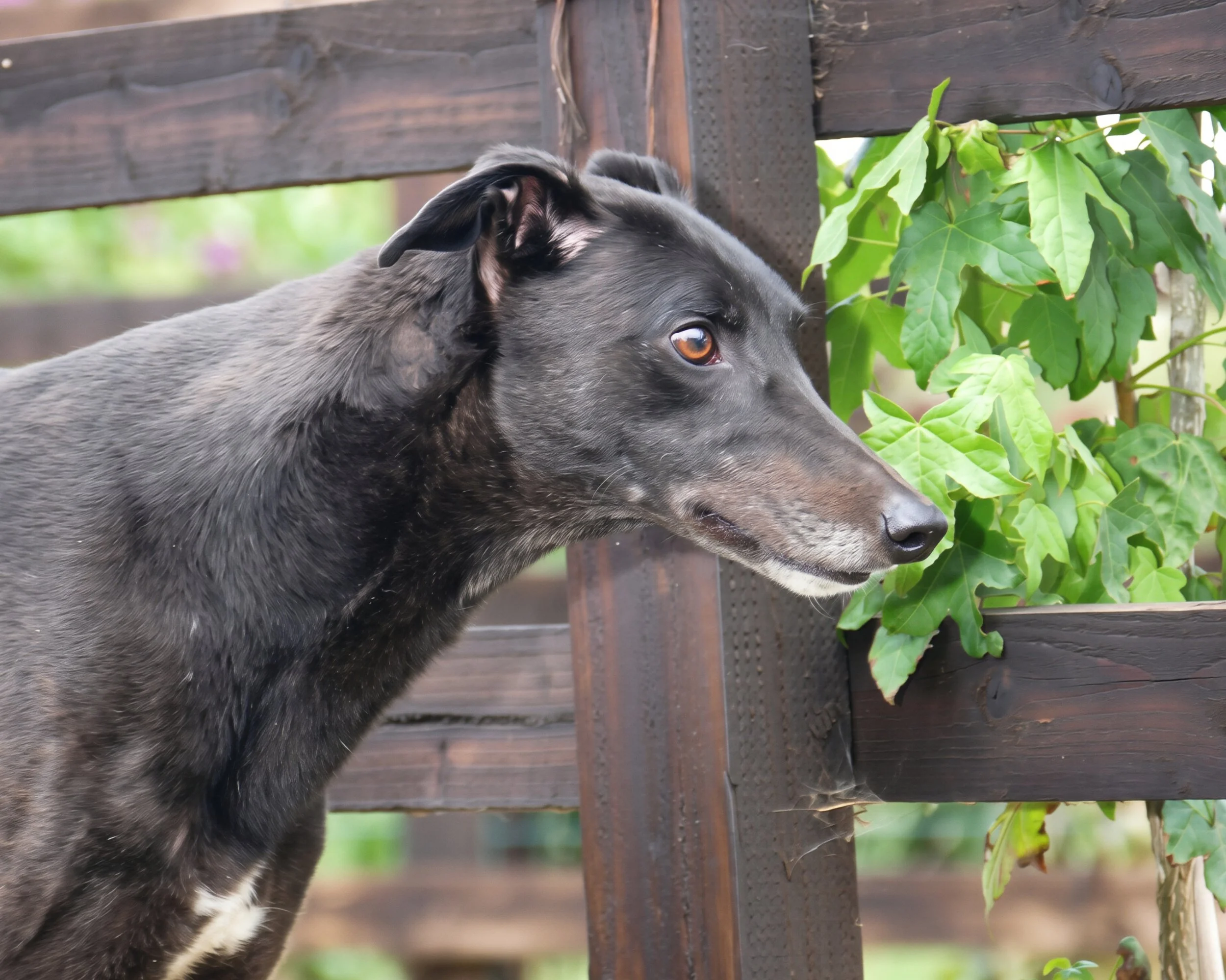 A black and tan dog with a sleek coat is standing near a wooden fence with green leaves growing next to it.