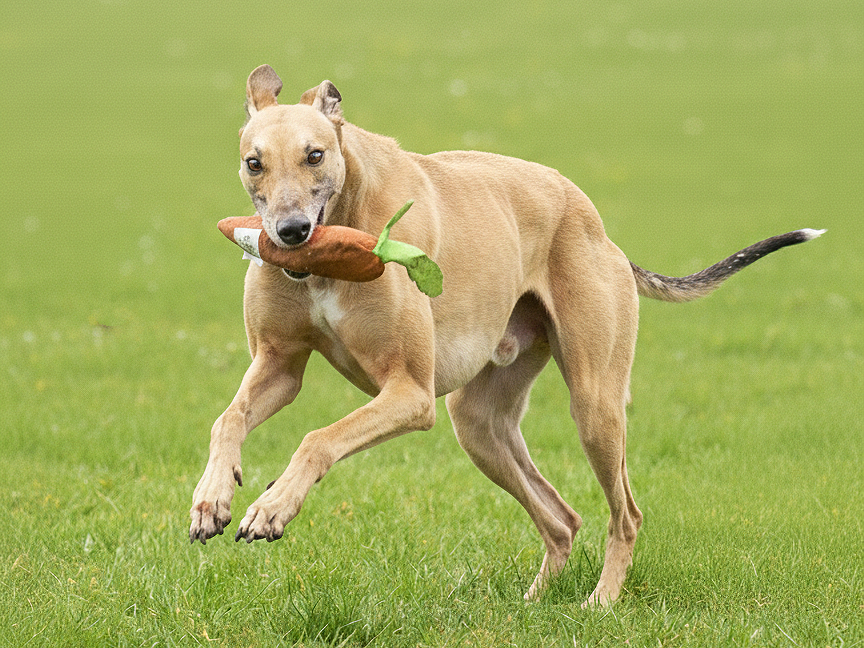 A dog running on grass while carrying a stuffed toy in its mouth.