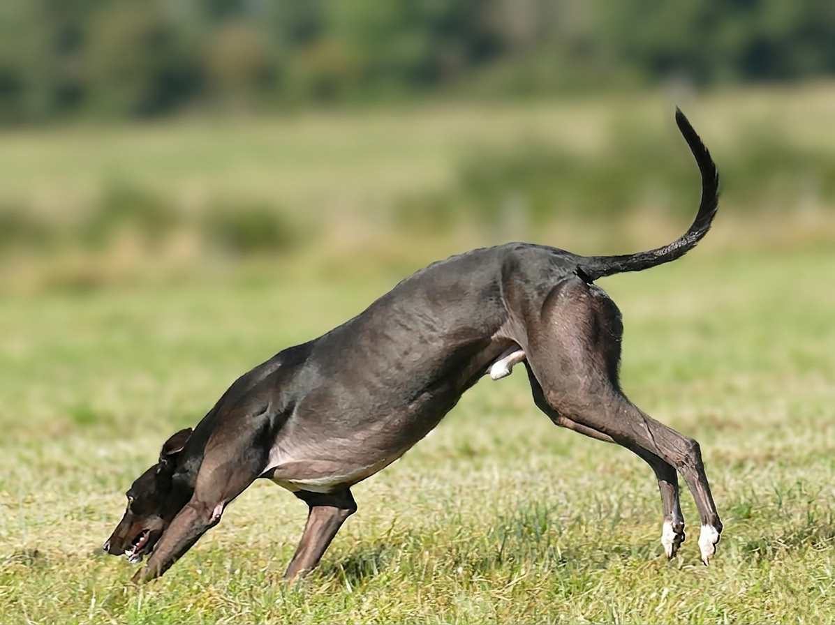A black dog with tan markings on grass, head down, nose touching the ground, tail curved upward.