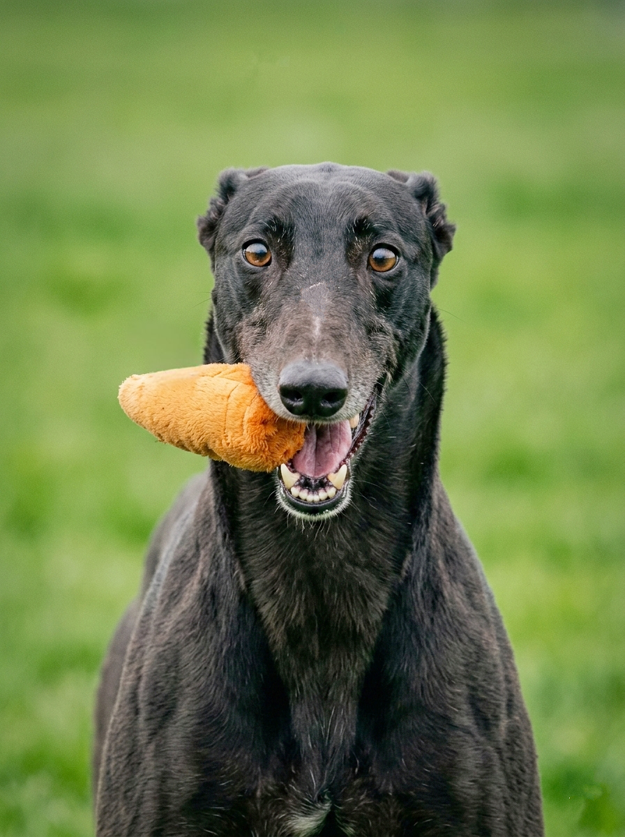 greyhound holding carrot toy