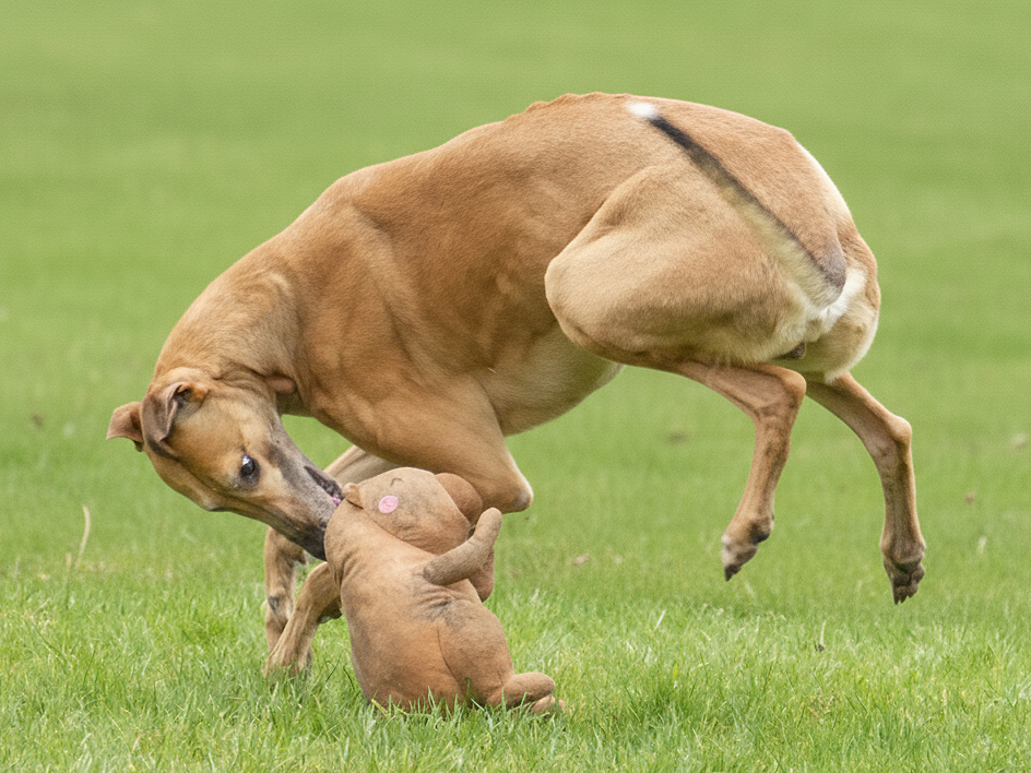Dog playing with a stuffed teddy bear on a grassy field.