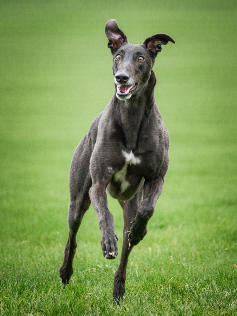 A black greyhound running on green grass with one ear flopped over and the other standing upright, mouth slightly open, and background of blurred green field.