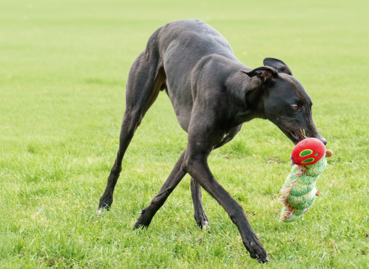 A black dog playing with a colorful plush toy on a grassy field.