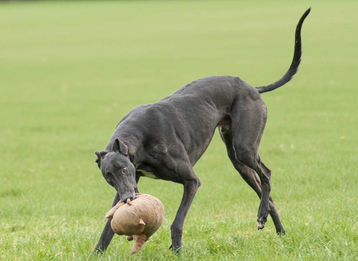 A black dog playing with a plush toy duck on a grassy field.