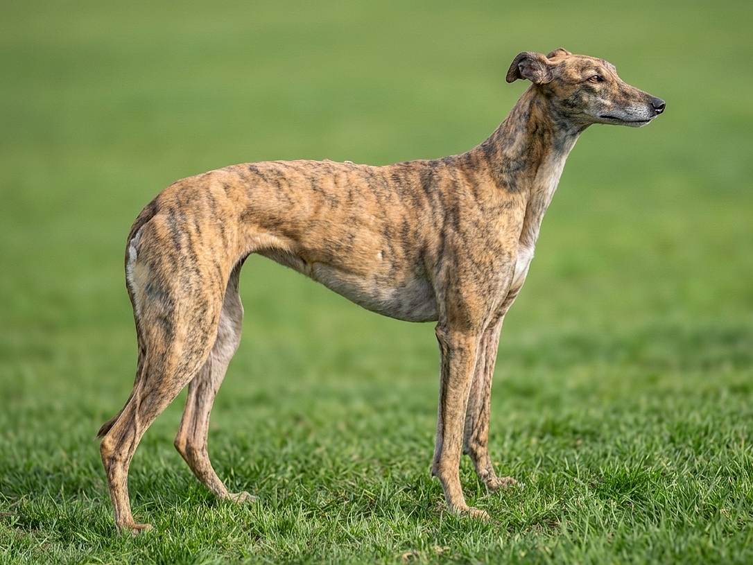 A slender greyhound dog with a brindle coat standing on green grass.