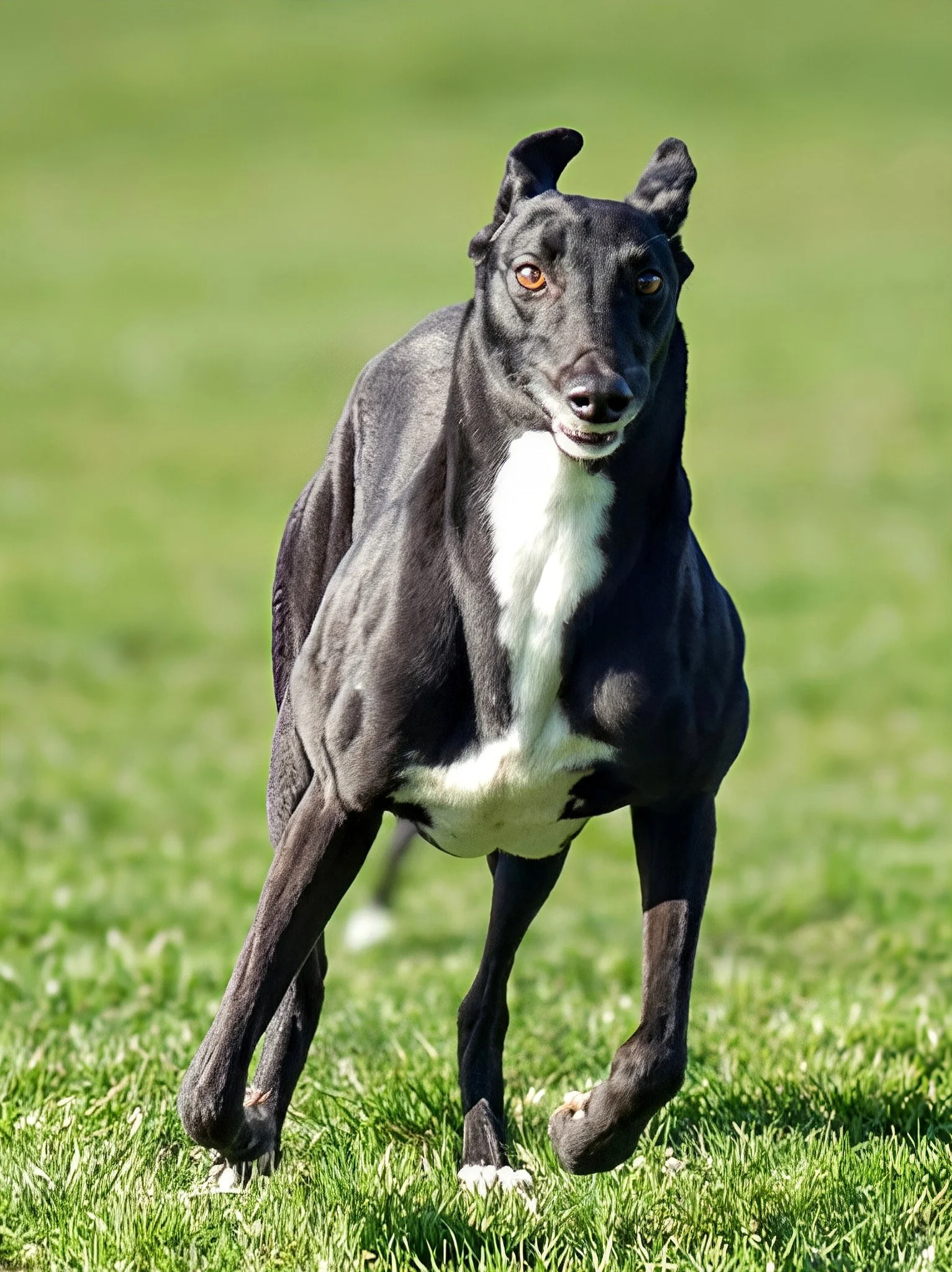 A black and white Greyhound running on grass, looking forward with alert eyes.