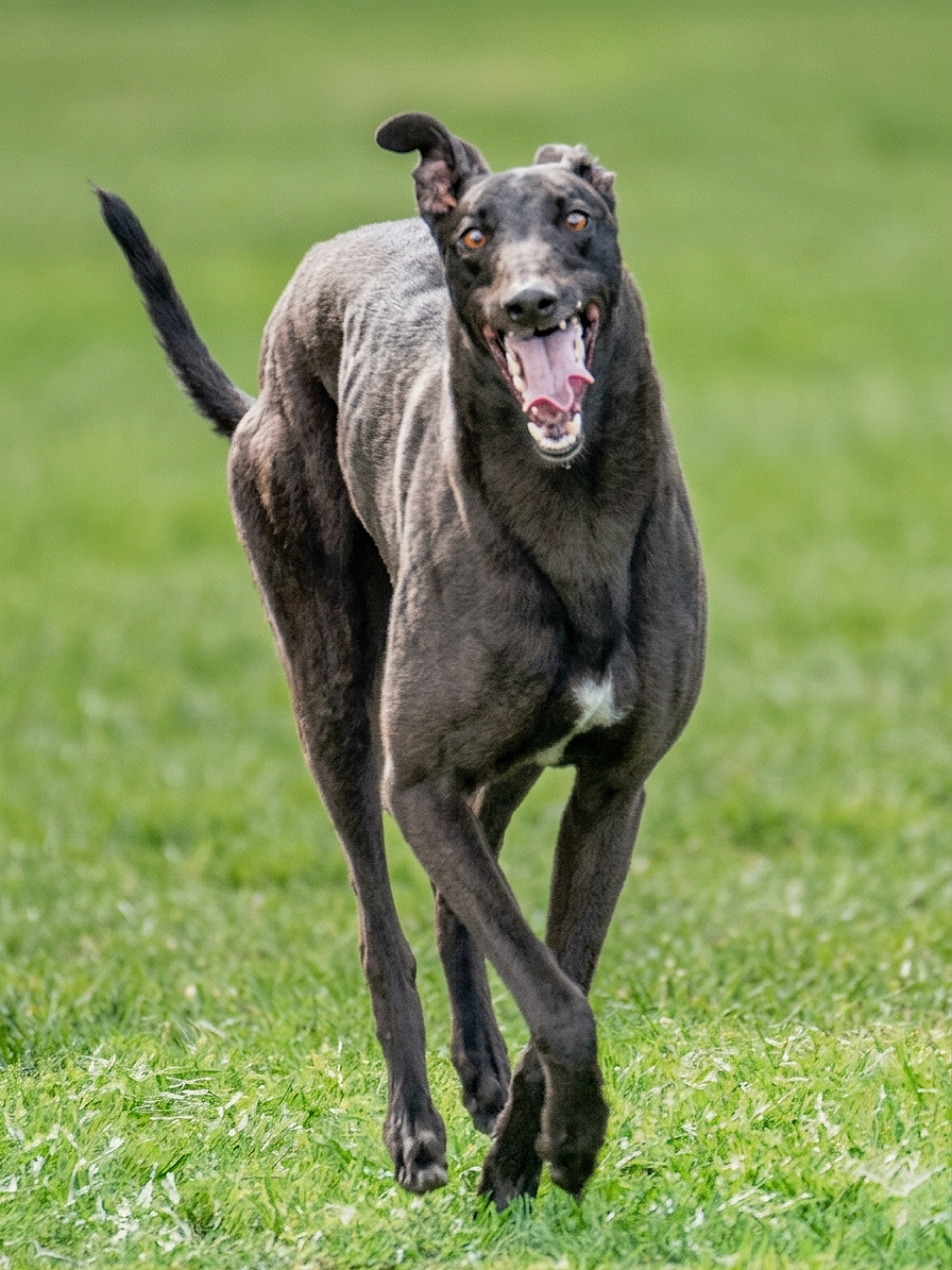 A happy greyhound dog running on a grassy field with its mouth open and ears flapping.