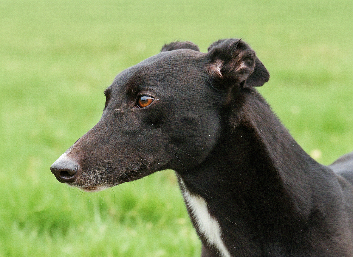 Close-up of a black dog with a white patch on its chest, looking to the left, outdoors on a grassy field.