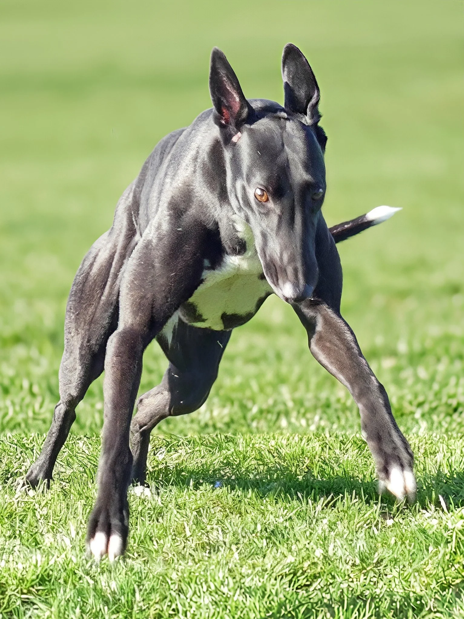 A black and white dog, possibly a Great Dane, running on grass in a field, with its ears perked up and focused expression.