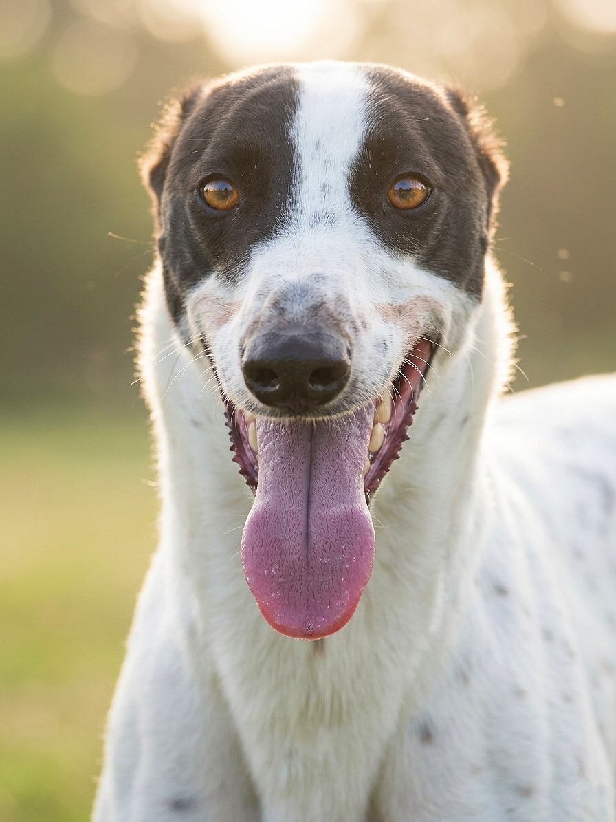 Close-up of a happy dog with black and white fur, tongue out, outdoors in soft sunlight.