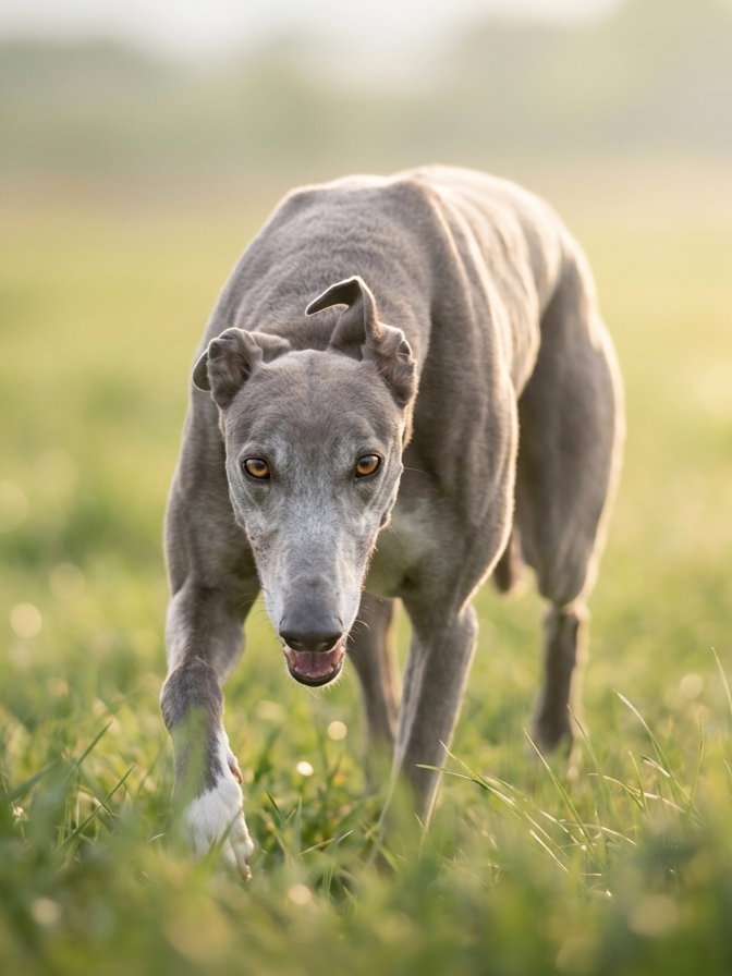 Greyhound dog walking on grass in a field
