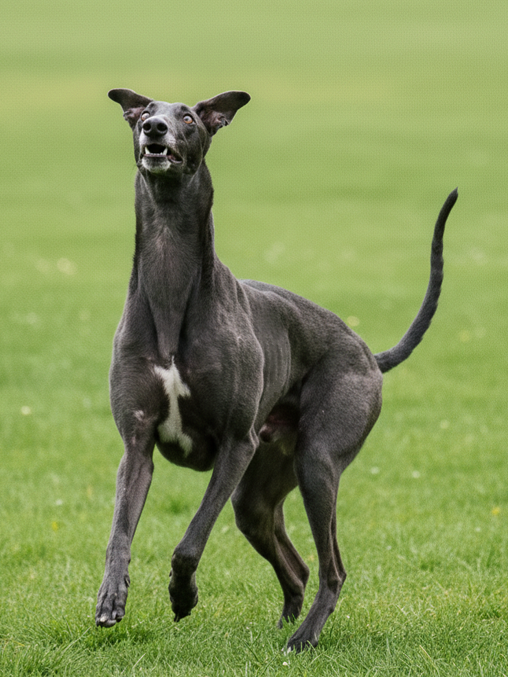A black dog with a white patch on its chest standing on a grassy field, looking upwards with ears perked.