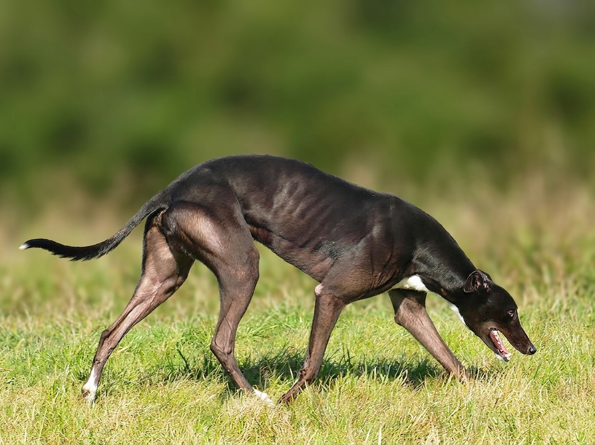 A black and brown dog with a white patch on its chest, crouched with its nose on the ground as if hunting or sniffing, on a grassy field with blurred green background.