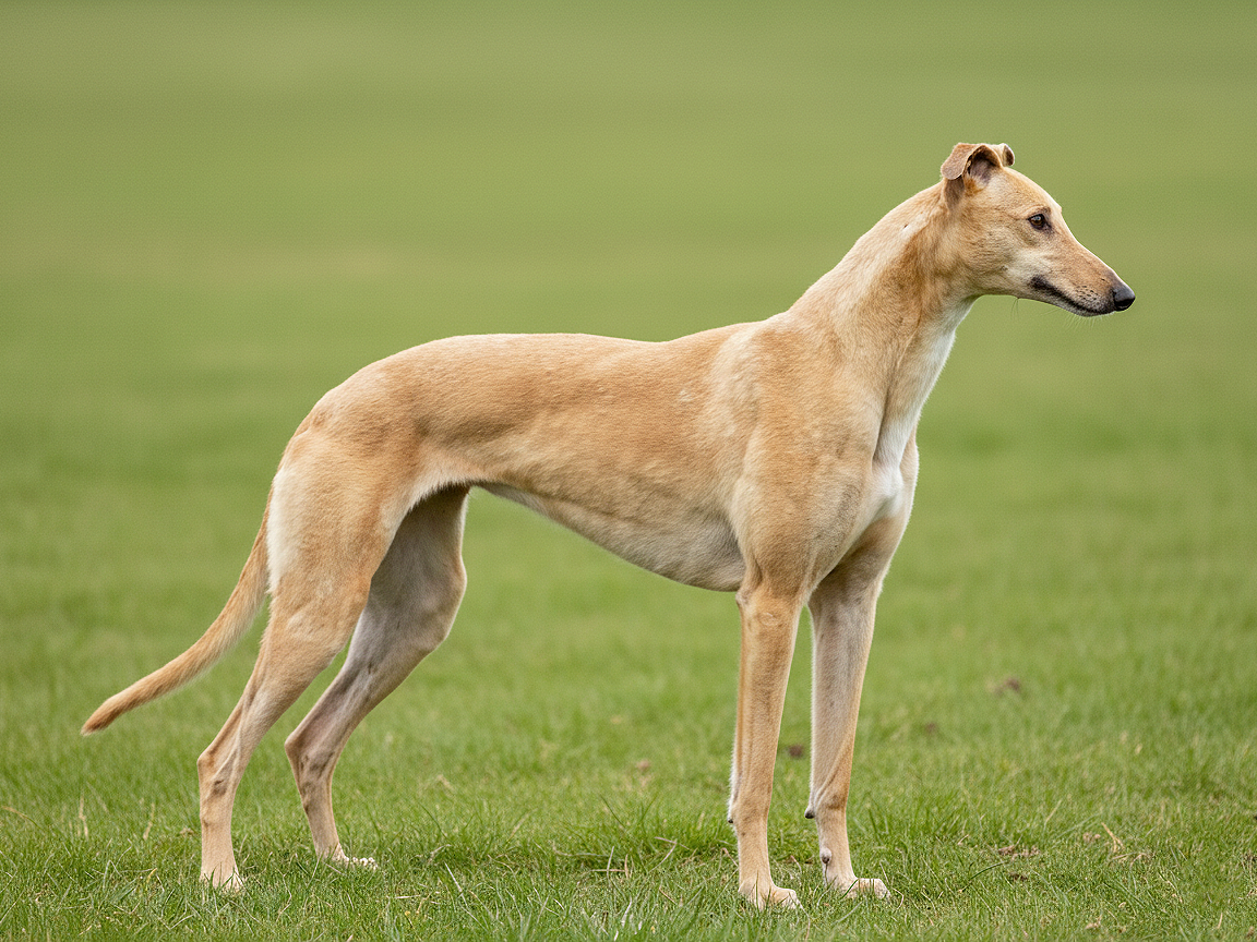 A tan greyhound dog standing on a grassy field, facing to the right.