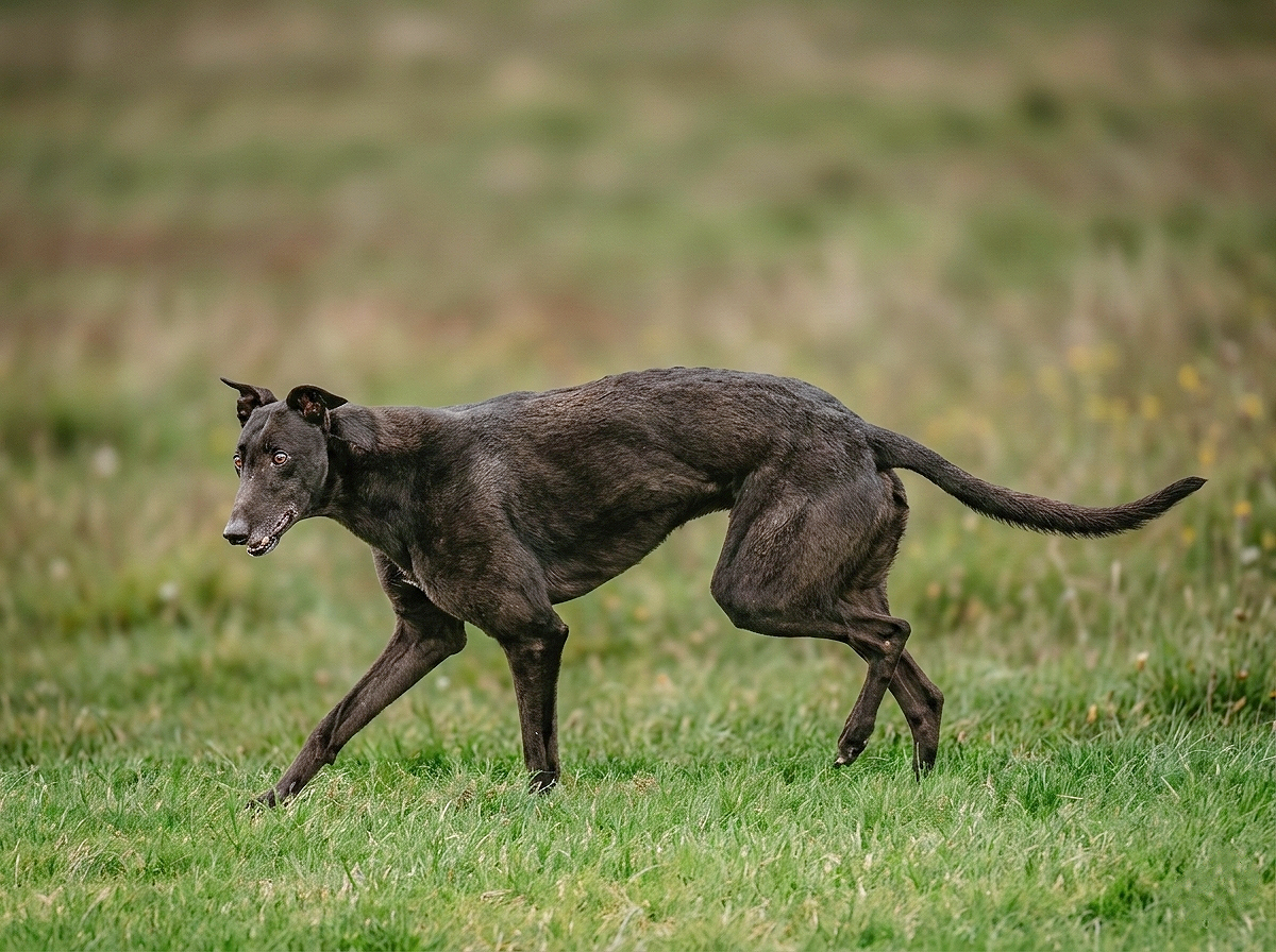 A black dog with a sleek coat running on grass in a grassy outdoor area.