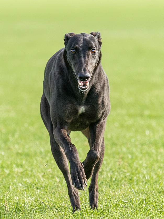 A black Greyhound dog running on green grass.