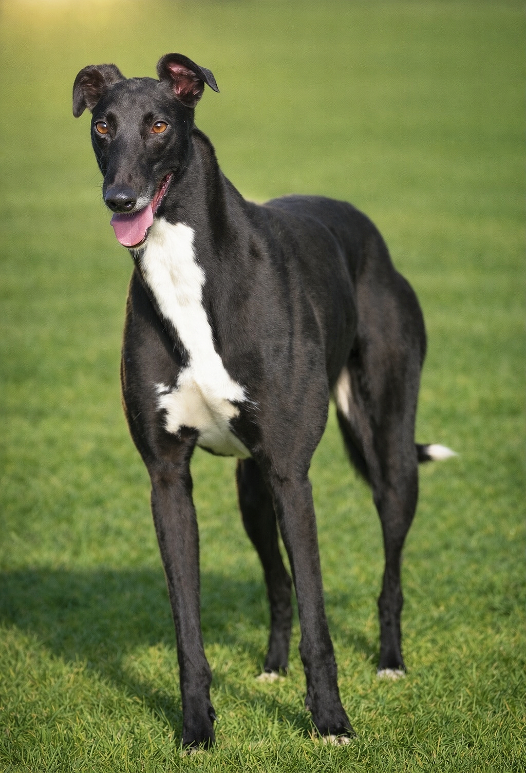 Black dog with a white chest standing on grass, panting with its tongue out.
