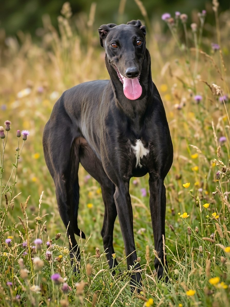 Black greyhound standing in a field of wildflowers and tall grasses with a pink tongue hanging out.
