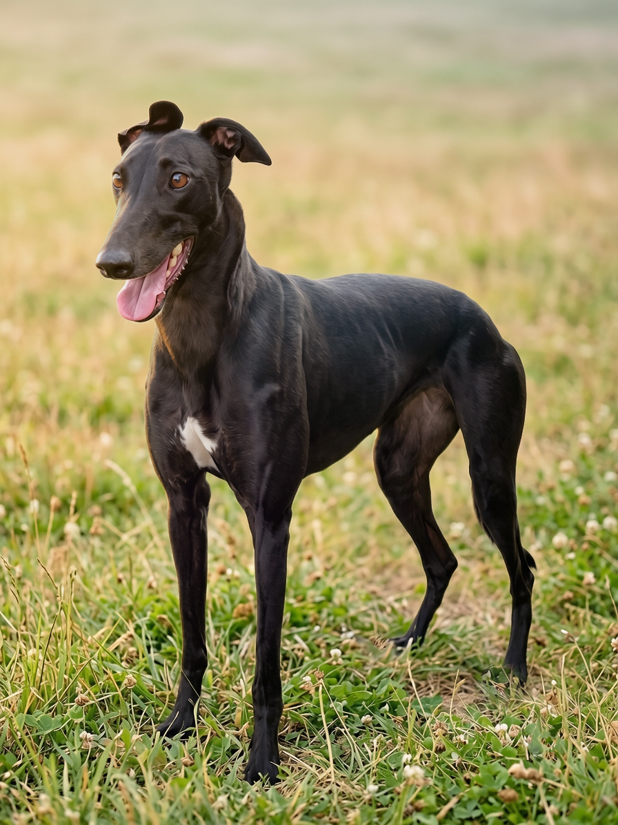 A black greyhound dog with a white patch on its chest standing in a grassy field with a blurred background